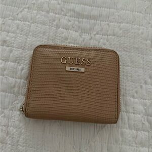GUESS Beige Textured Zip-Around Wallet with Gold Logo